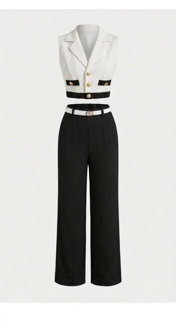 Conjunto de blazer corto sin mangas de color contrastante y pantalones rectos elegantes