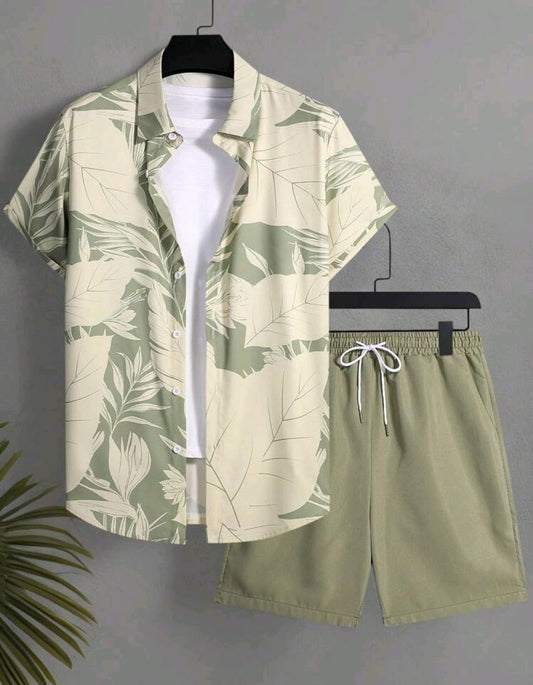 Conjunto de camisa de manga corta con estampado de plantas tropicales