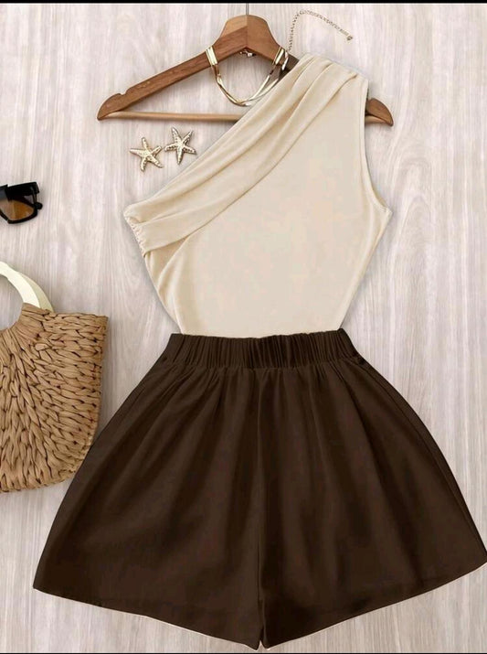 conjunto de top plisado y pantalones de cintura elastica