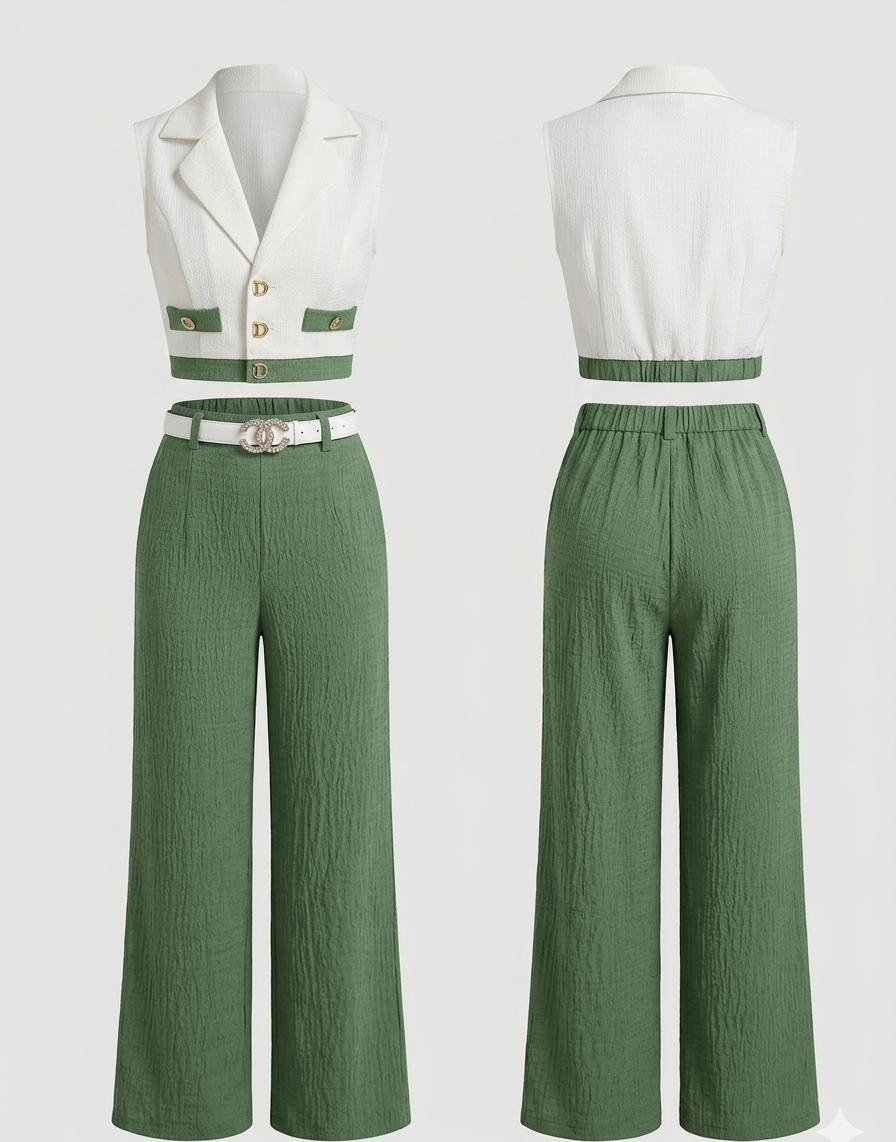 Conjunto de blazer corto sin mangas de color contrastante y pantalones rectos elegantes