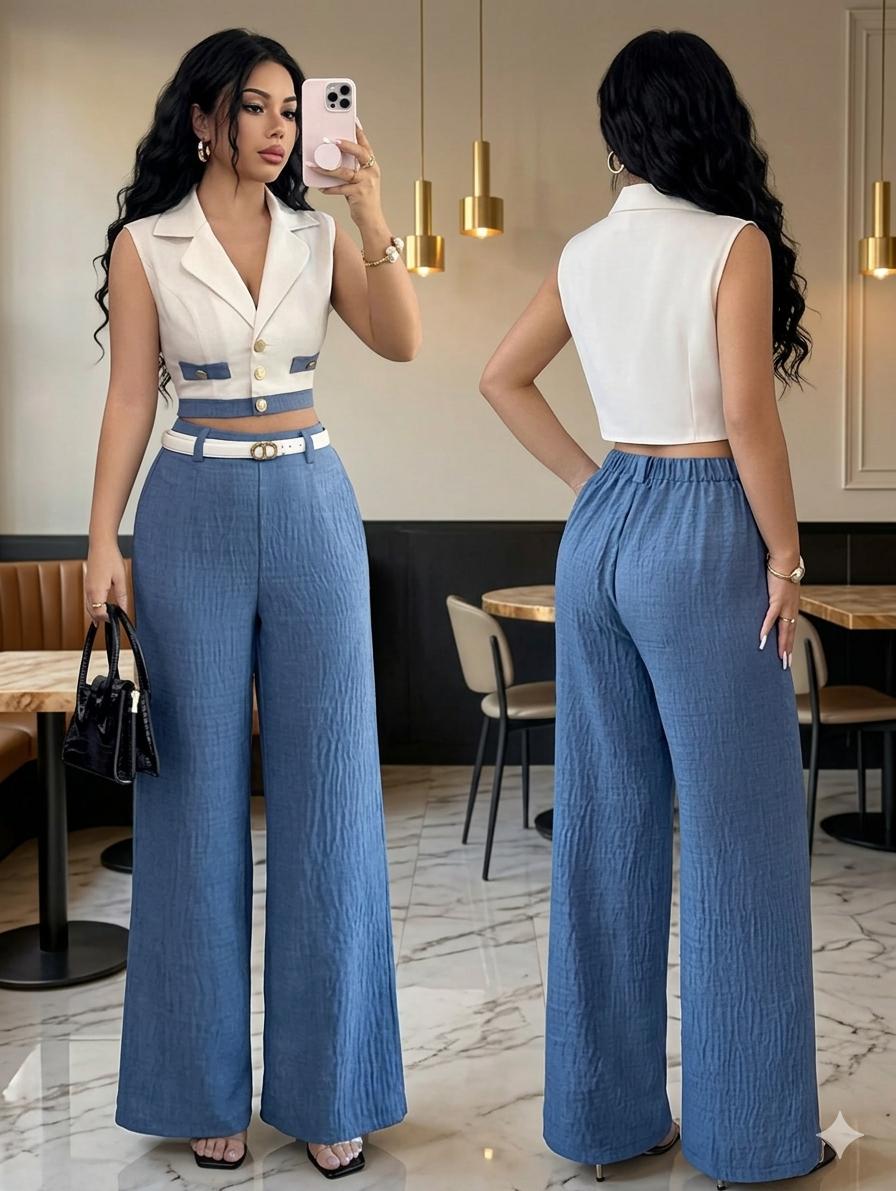 Conjunto de blazer corto sin mangas de color contrastante y pantalones rectos elegantes